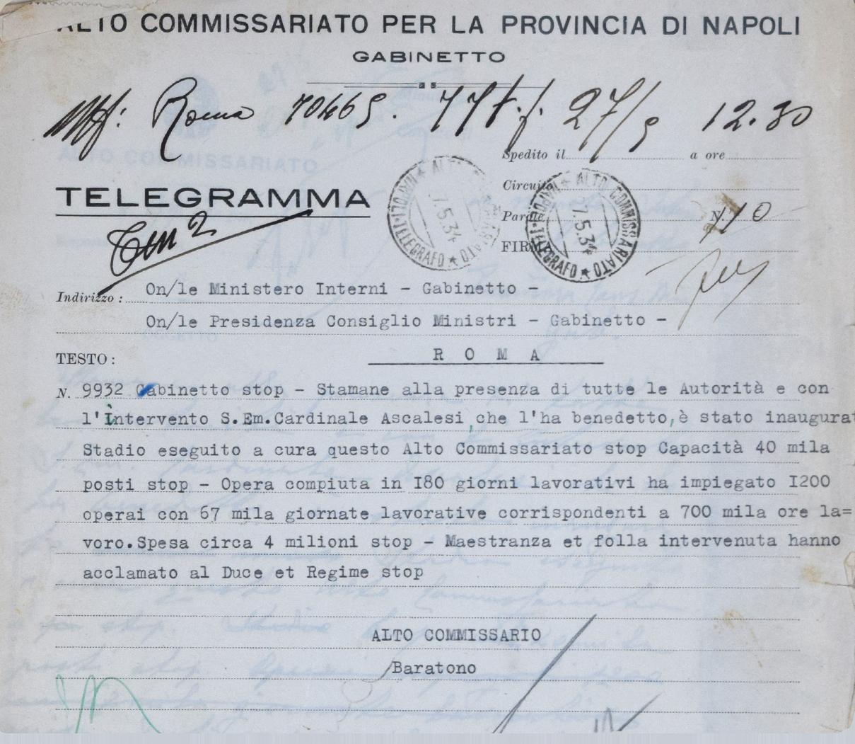 Telegramma dell’Alto commissario per la provincia di Napoli al Ministero dell’interno e alla Presidenza del consiglio dei ministri sull’inaugurazione dello stadio “Partenopeo”, 27 maggio 1934