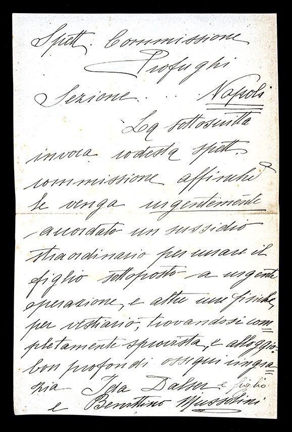 Lettera di Ida Dalser e Benitino Mussolini alla Commissione Profughi per richiesta sussidio straordinario, Napoli, s.d.