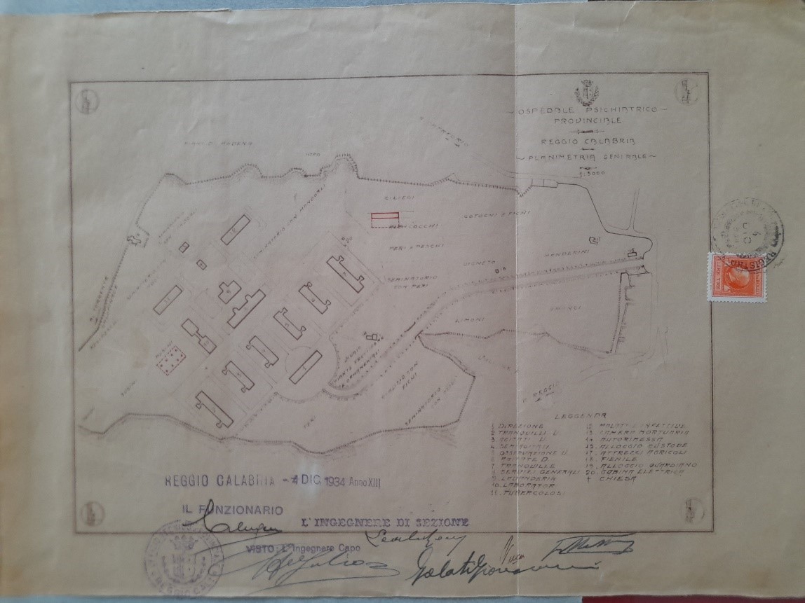 Planimetria generale ampliamento Ospedale Psichiatrico con colonia agricola, 1934. ASRC, Amministrazione Provinciale, b.800, Fasc. 6