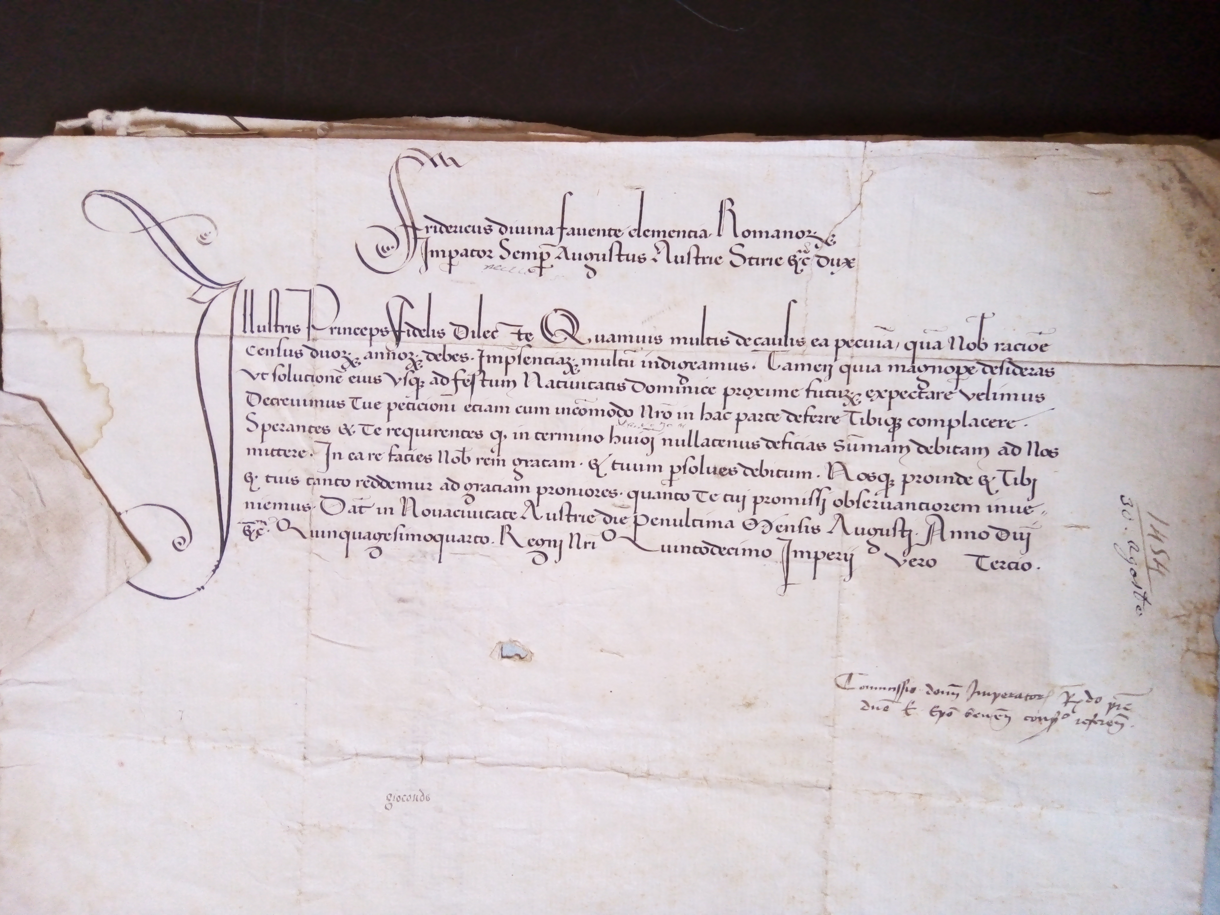 Tav. 4 – Wiener Neustadt, 30 agosto 1454: Federico III concede a Borso d’Este una dilazione del pagamento del censo.  (ASMo, Archivio Segreto Estense, Cancelleria, Carteggio con principi esteri, Germania, b. 1, fasc. 1575/1) 