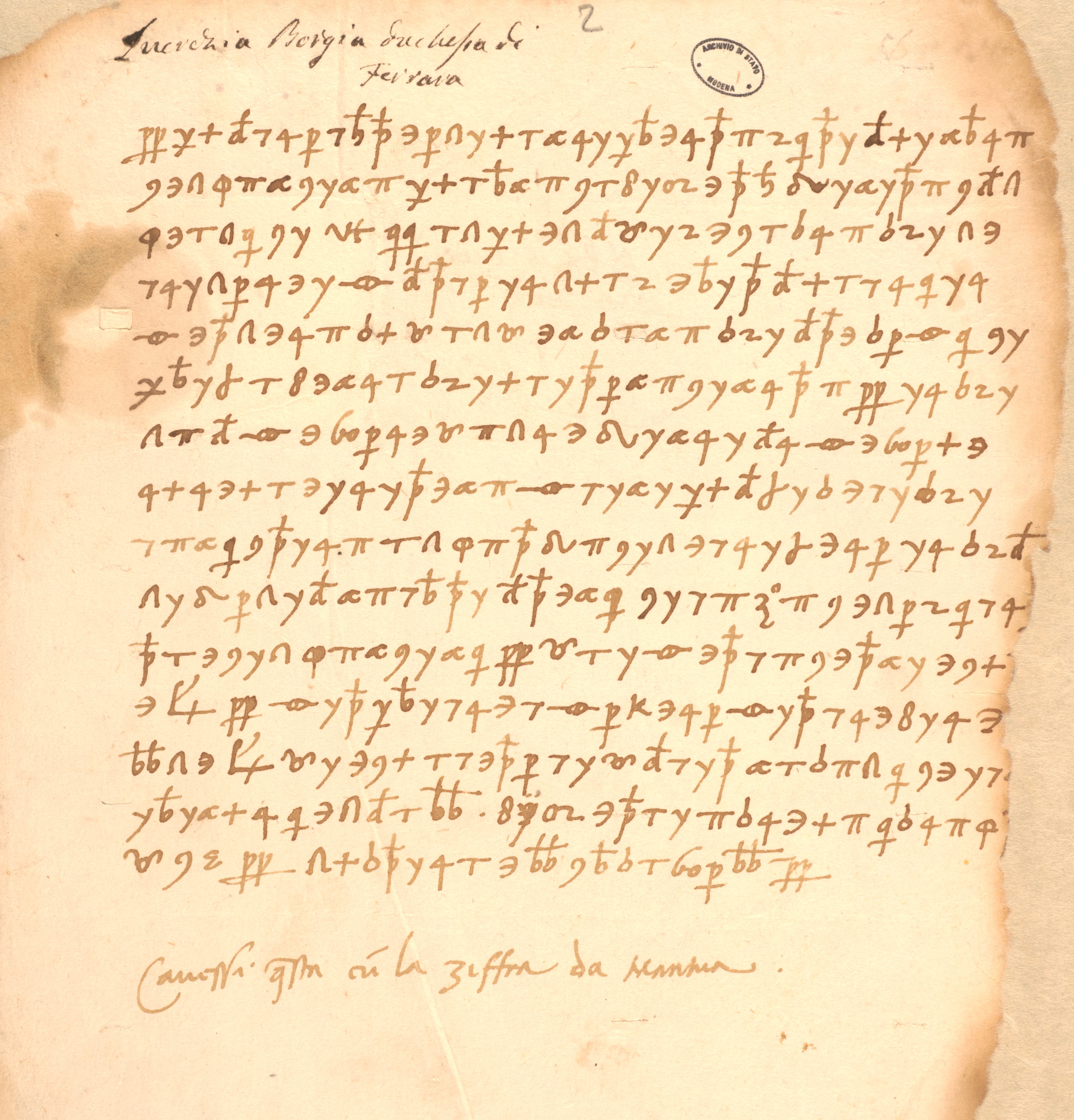 Lettera cifrata di Lucrezia Borgia d’Este ad Alfonso I d’Este. Ferrara, 8 ottobre 1510 (ASMo, ASE, Casa e Stato, b. 141, n. 12.79)  