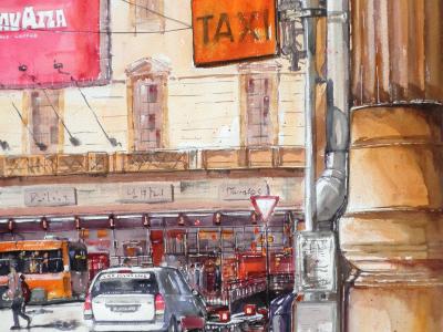 Maurizio Tangerini Taxi in Via Rizzoli acquerello su carta 120x80, 2015