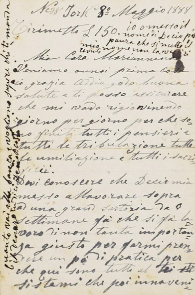Lettera di Alfonso Rianna alla moglie Marianna Taccione, New York, 8 maggio 1888