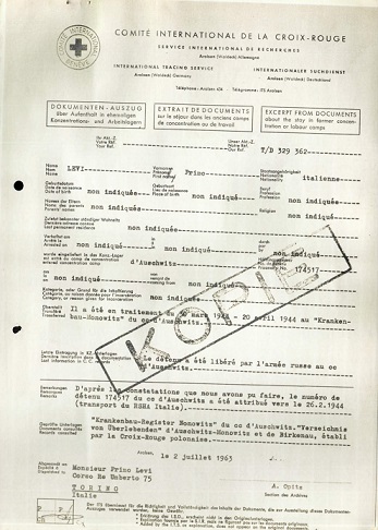 attestazione dell’internamento ad Auschwitz prodotta dal Comitato Internazionale della Croce Rossa nel luglio del 1963