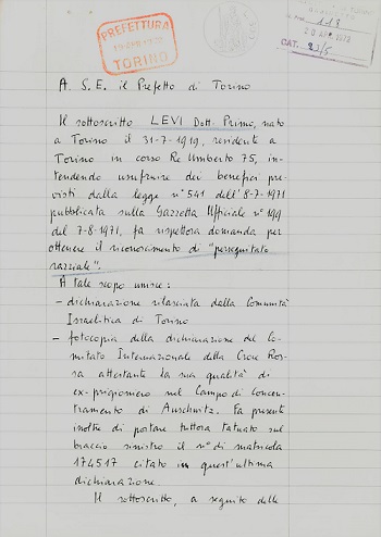Lettera di Primo Levi al Prefetto di Torino, Archivio della Prefettura di Torino, Gabinetto della Prefettura di Torino, Versamento 1996, mazzo 962, 19 aprile 1972 - Recto