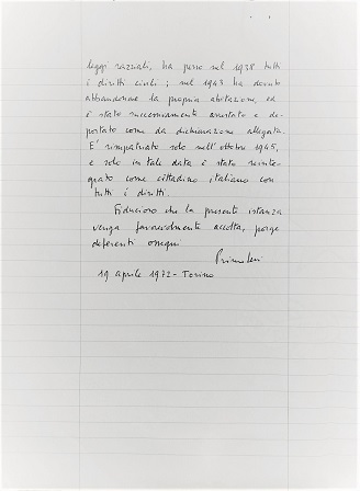  Lettera di Primo Levi al Prefetto di Torino, Archivio della Prefettura di Torino, Gabinetto della Prefettura di Torino, Versamento 1996, mazzo 962, 19 aprile 1972 - verso