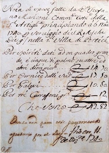 Nota spese per materiali utilizzati da Mariconi,1740