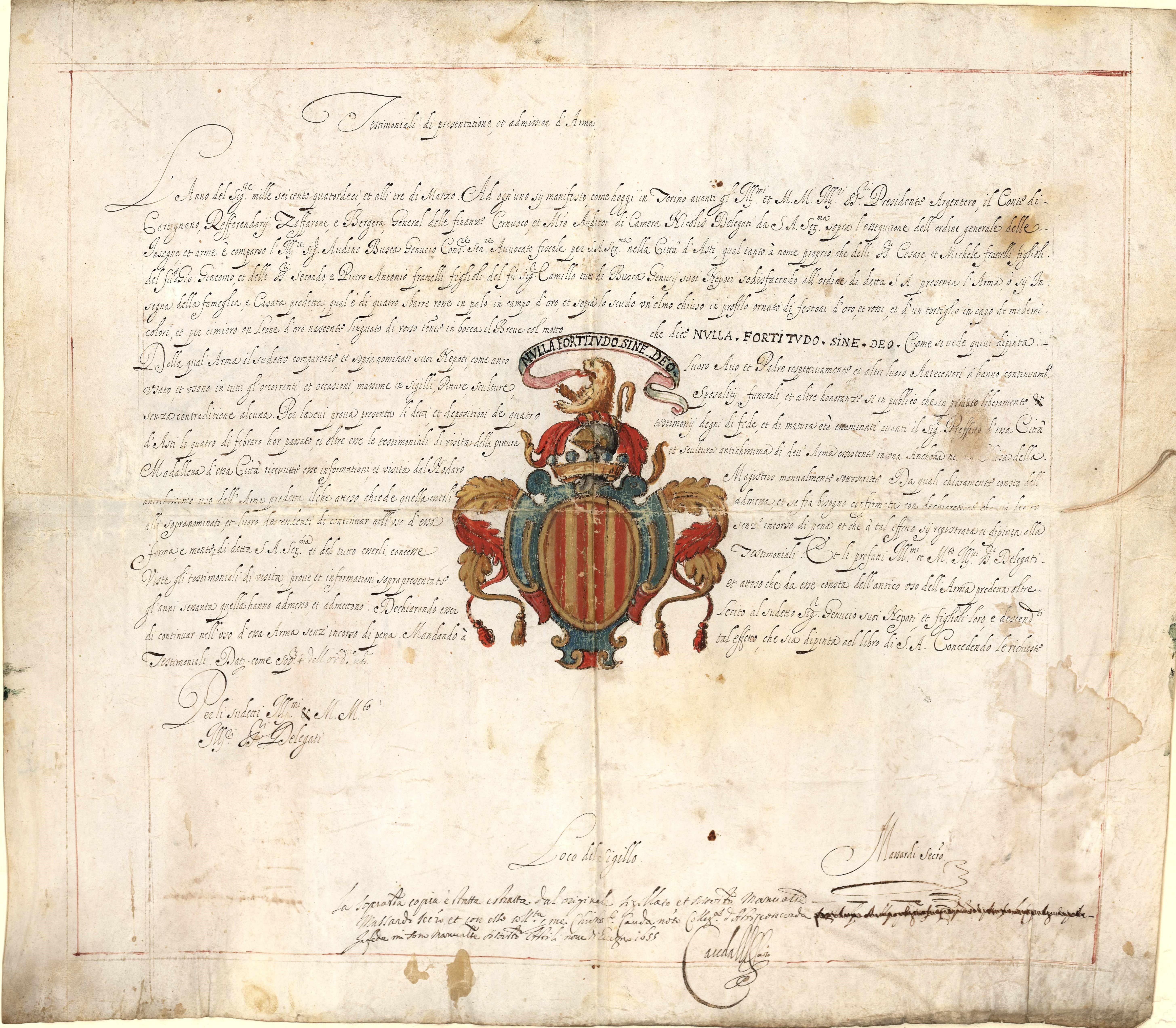 Fig. 2: “Testimoniali” di presentazione d’arma dei Busca Genuzio di Asti, rilasciate il 3 marzo 1614 a Torino, in copia del 9 giugno 1655 (Archivio di Stato di Torino, Camera dei Conti di Piemonte, art. 852 § 2, mazzo 1, n. 1bis)