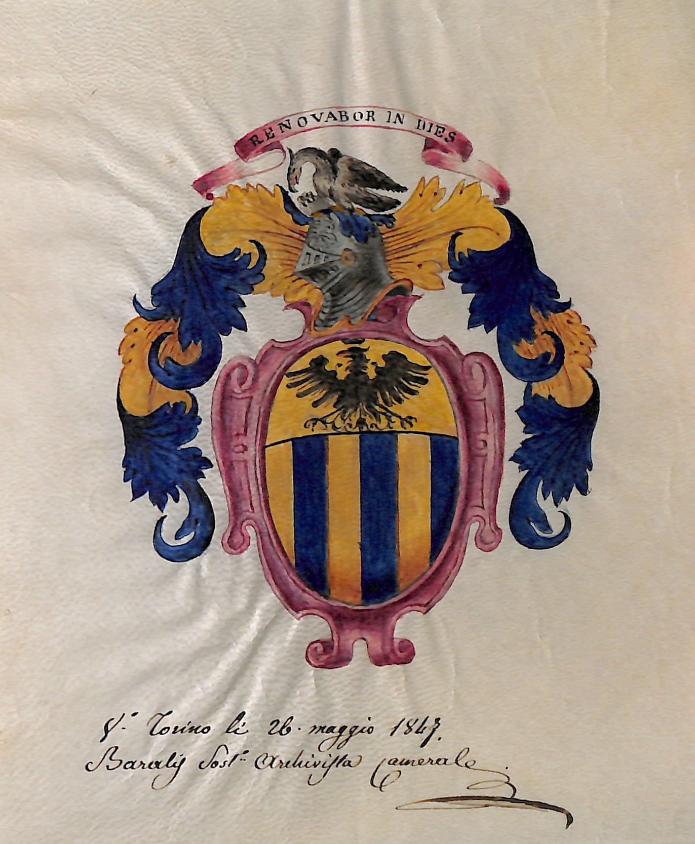 Fig. 4: Lo stemma degli Odetti, concesso il 2 marzo 1614 e consegnato il 17 novembre 1689 (copia del 1847 dalle “testimoniali” originali rilasciate dal blasonatore Borgonio) (Archivio di Stato di Torino, Camera dei Conti di Piemonte, art. 852 § 2, mazzo 2, n. 103)