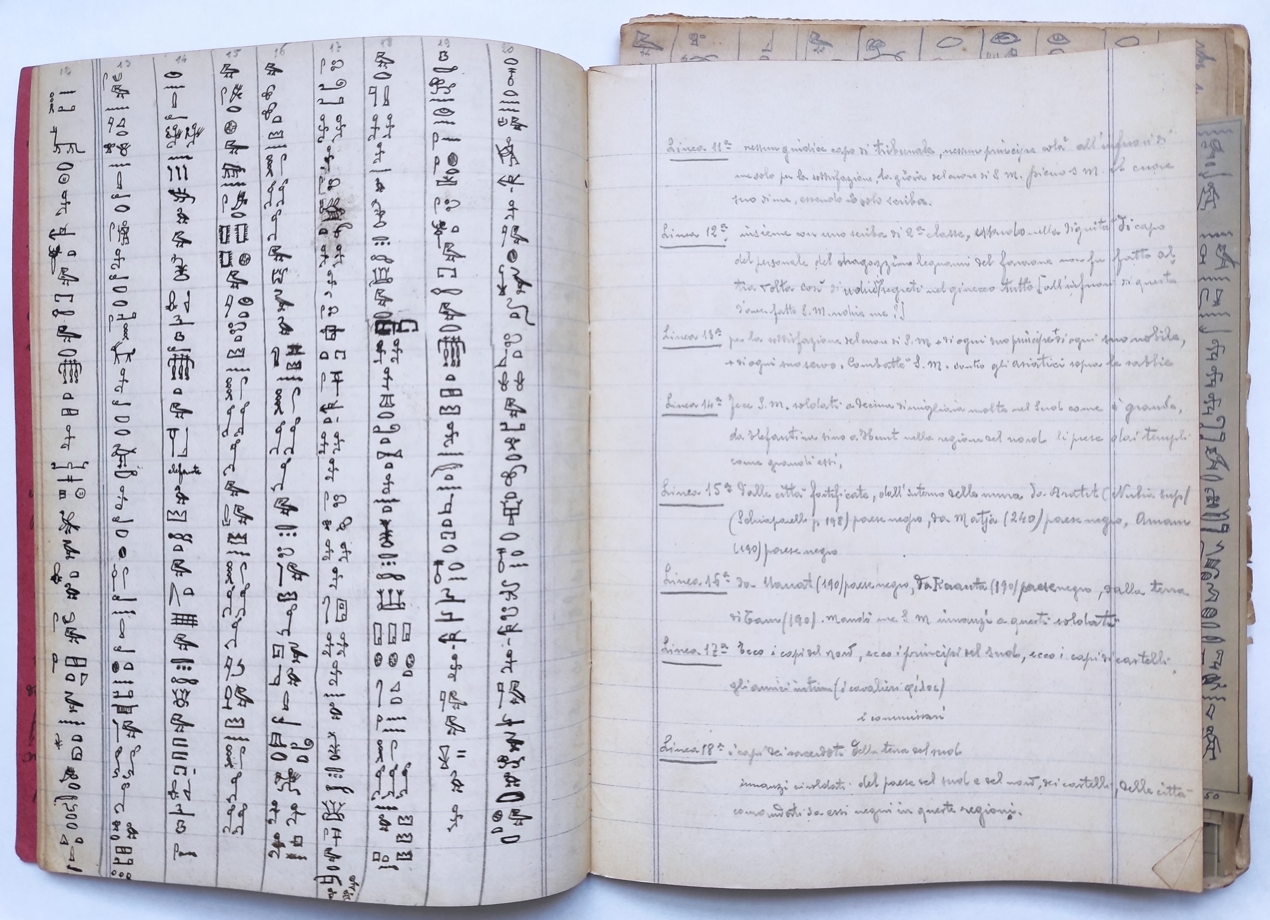 Appunti di studio sulla scrittura geroglifica e demotica: esempio di testo con trascrizione ad opera di Giuseppe Botti. (ASTo, Archivio Giuseppe Botti, mazzo 11, fasc. 7)