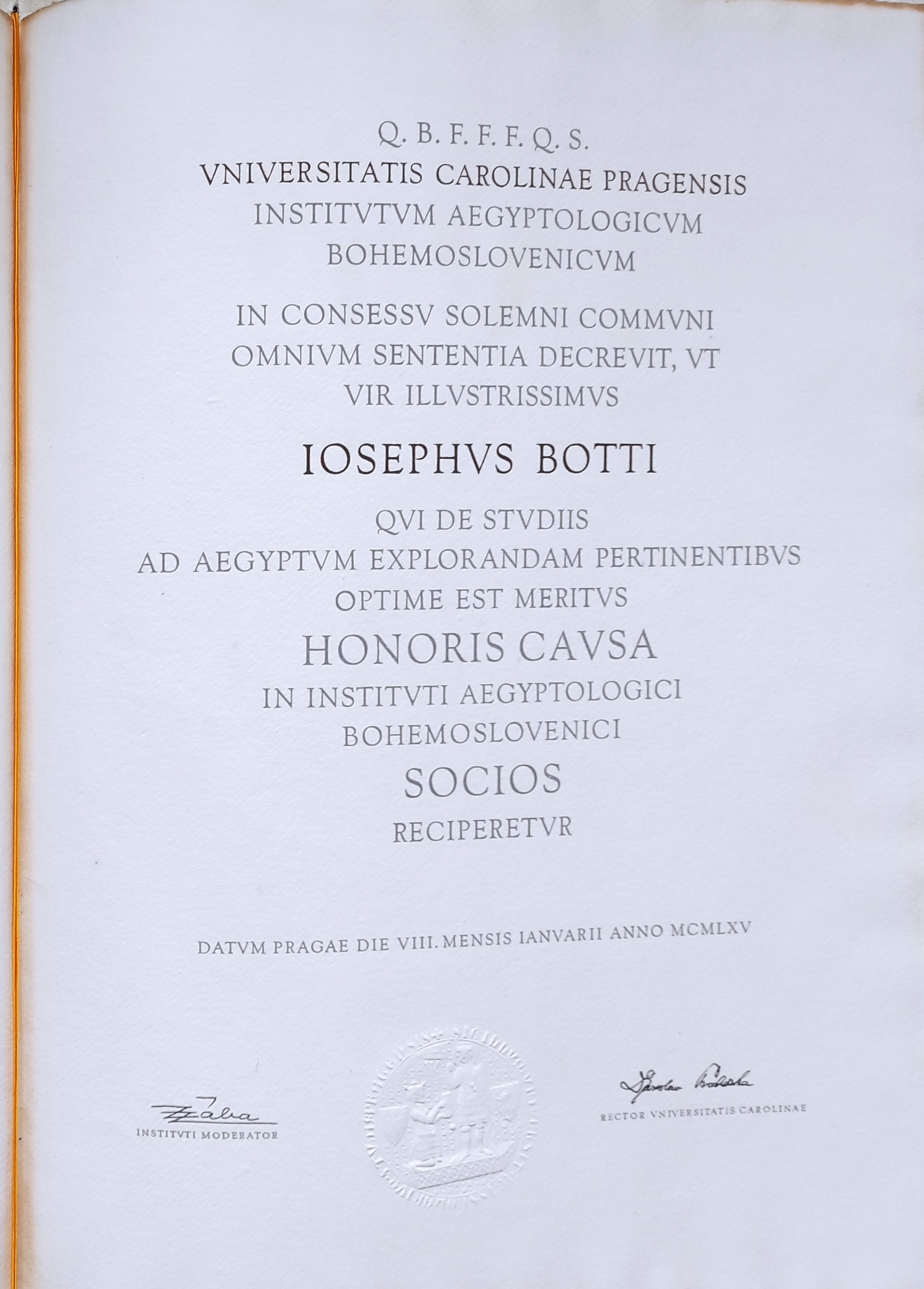 Laurea Honoris Causa conferita a Giuseppe Botti dall’Università di Praga nel 1965. (ASTo, Archivio Giuseppe Botti, cartella 20)