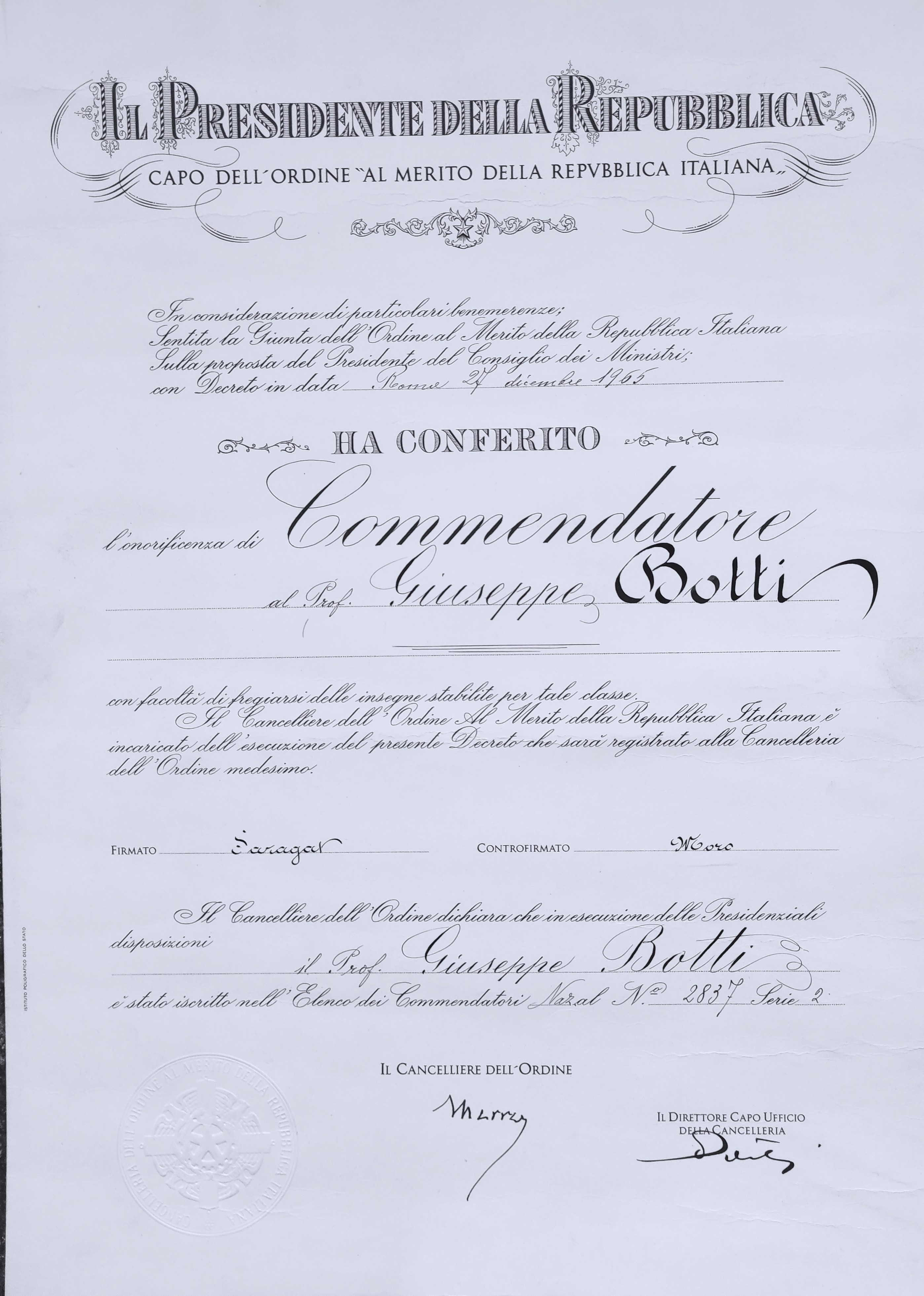 Diploma di Commendatore dell’Ordine al Merito della Repubblica Italiana, 1965. (ASTo, Archivio Giuseppe Botti, cartella 20).