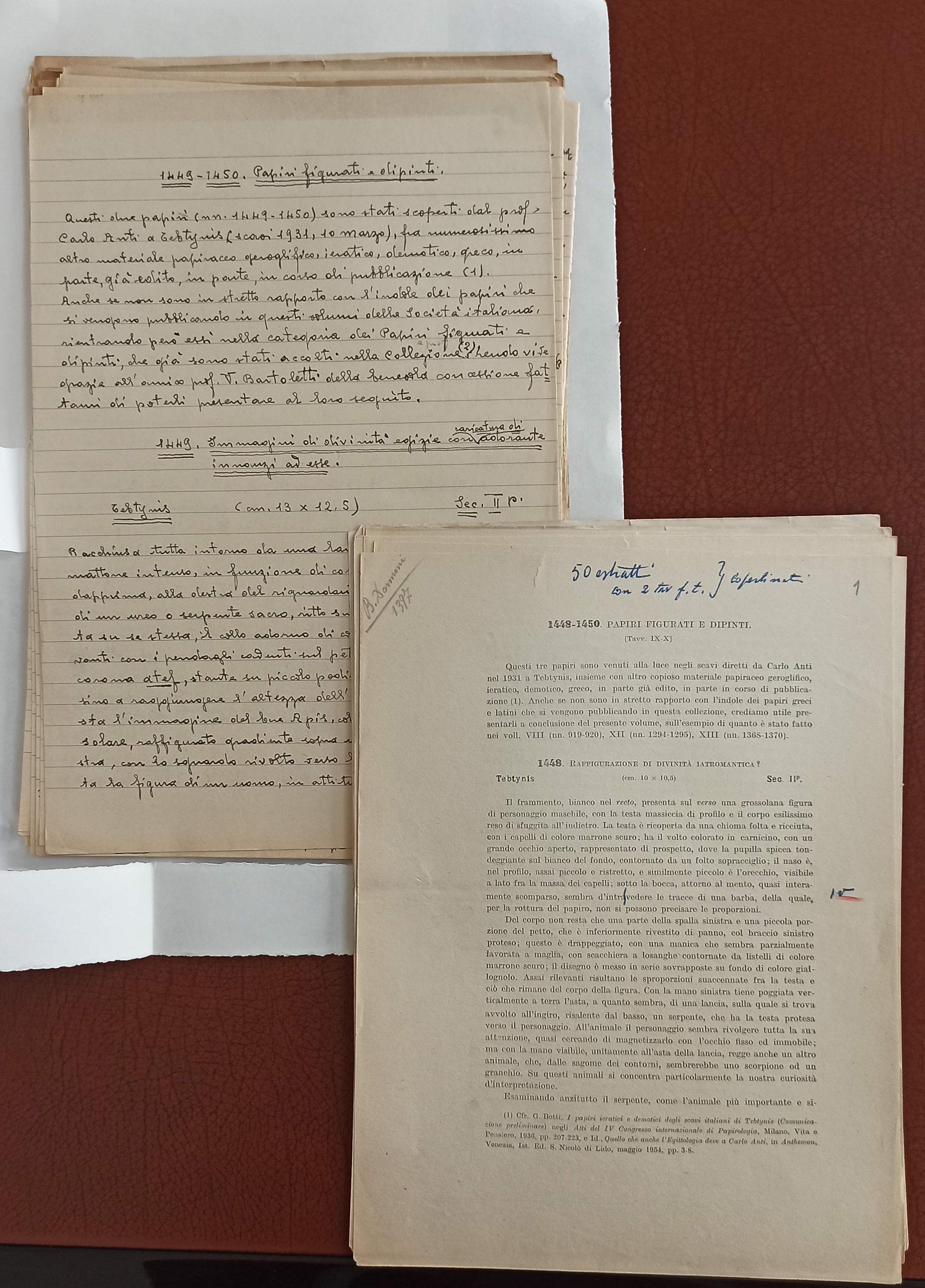 Bozze di stampa con correzioni e minuta dell'articolo Papiri figurati e dipinti, pubblicato in "Papiri della Società Italiana" 14, 1957, pp. 174-180. (ASTo, Archivio Giuseppe Botti, mazzo 5, fasc. 7)