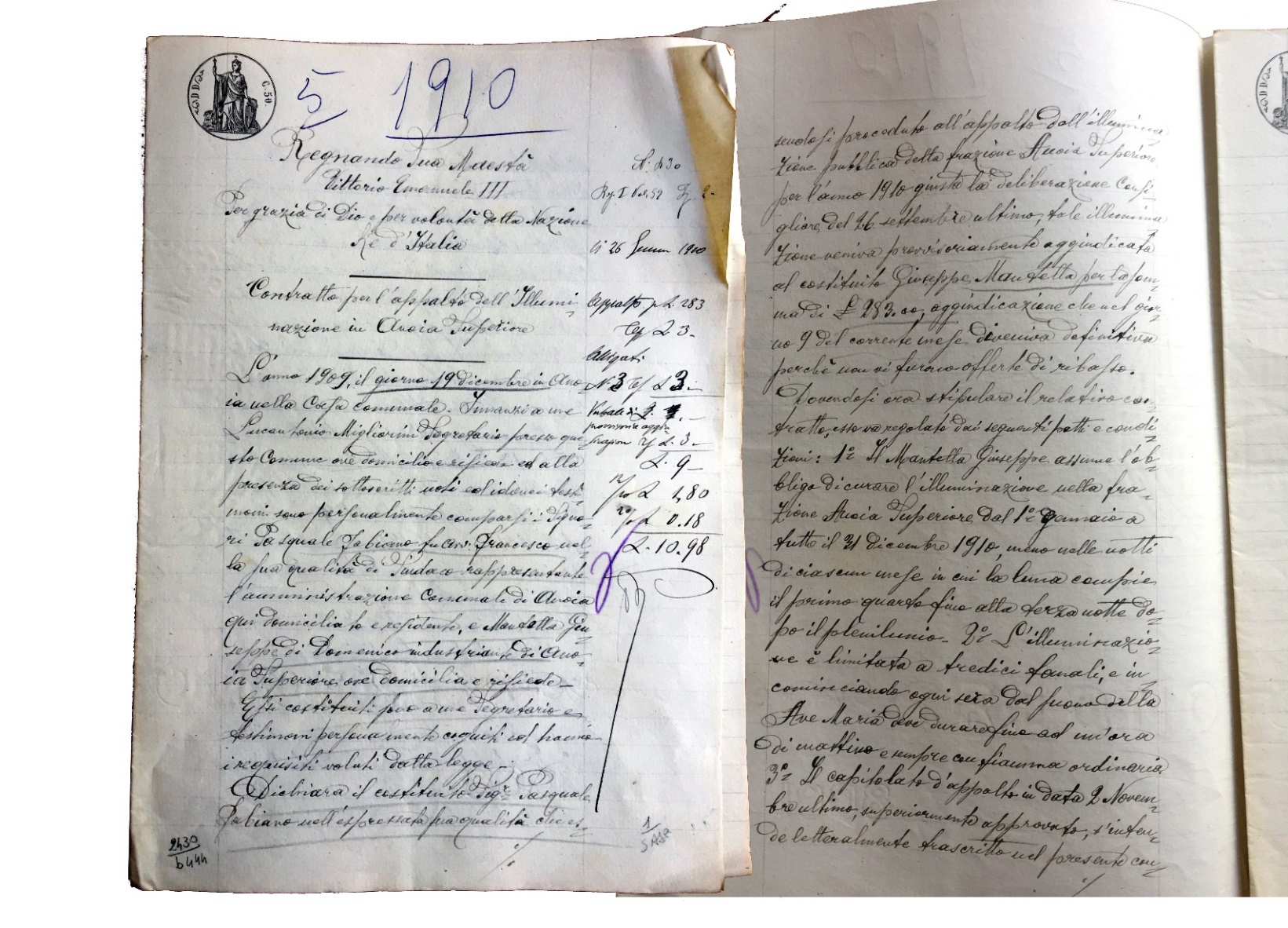 ANOIA SUPERIORE, 19 dicembre 1909 Delibera consiliare con stipula del contratto per l’appalto dell’illuminazione pubblica