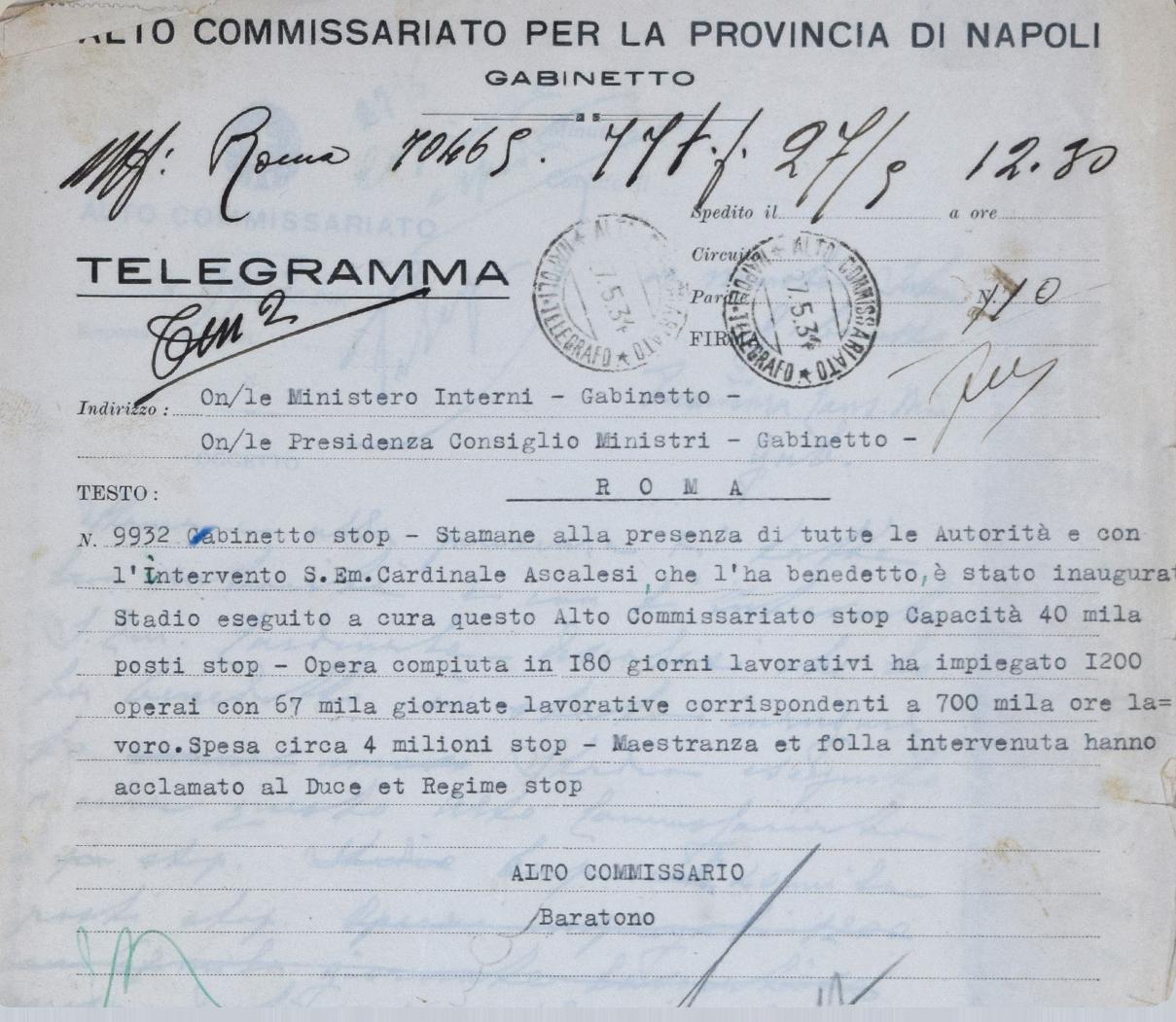 Telegramma dell’Alto commissario per la provincia di Napoli al Ministero dell’interno e alla Presidenza del consiglio dei ministri sull’inaugurazione dello stadio “Partenopeo”, 27 maggio 1934