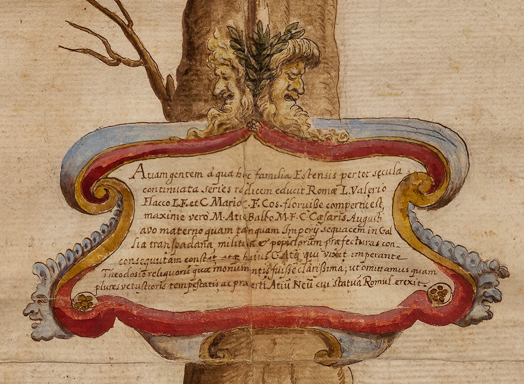 Albero genealogico della famiglia d’Este (ramo ducale) edito tra il 1560 e il 1564 da Girolamo Falletti, particolare ASMo, A.S.E., Casa e stato, Genealogie, storie e notizie di casa d’Este, b. 59