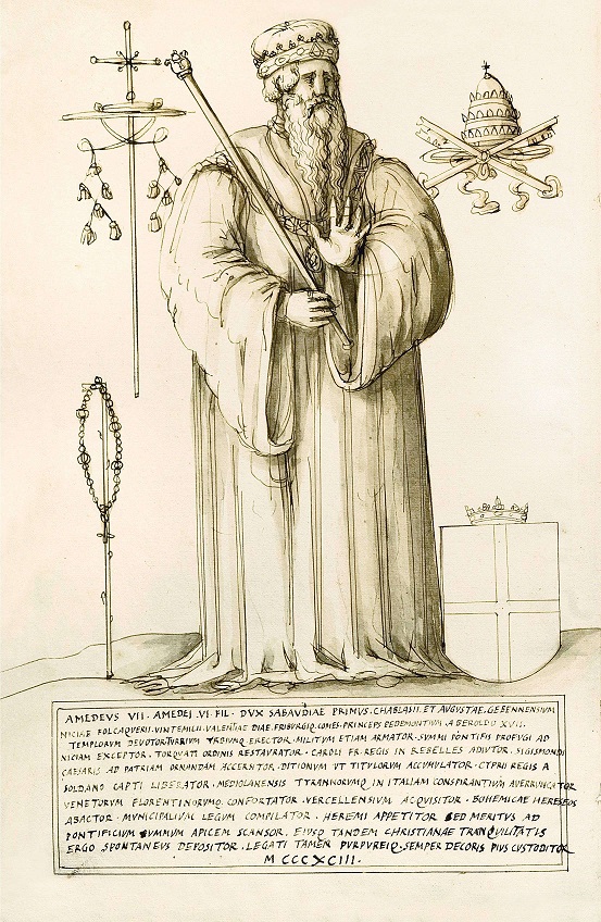 Ritratto di Amedeo VIII (qui erroneamente indicato come Amedeo VII) conte, poi duca di Savoia contenuto nelle Imagines Ducum Sabaudiae di Filiberto Pingone. 1572 (ASTo, Corte, Materie politiche per rapporto all’Interno, Storia della Real Casa, Categoria II, mazzo 3, fascicolo 2, carta 68v.)