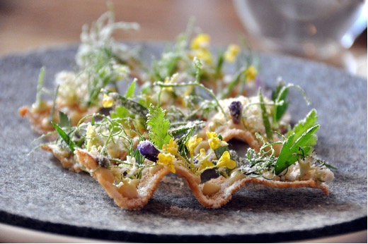 Toast with turbot roe, herbs and vinegar dust. NOMA