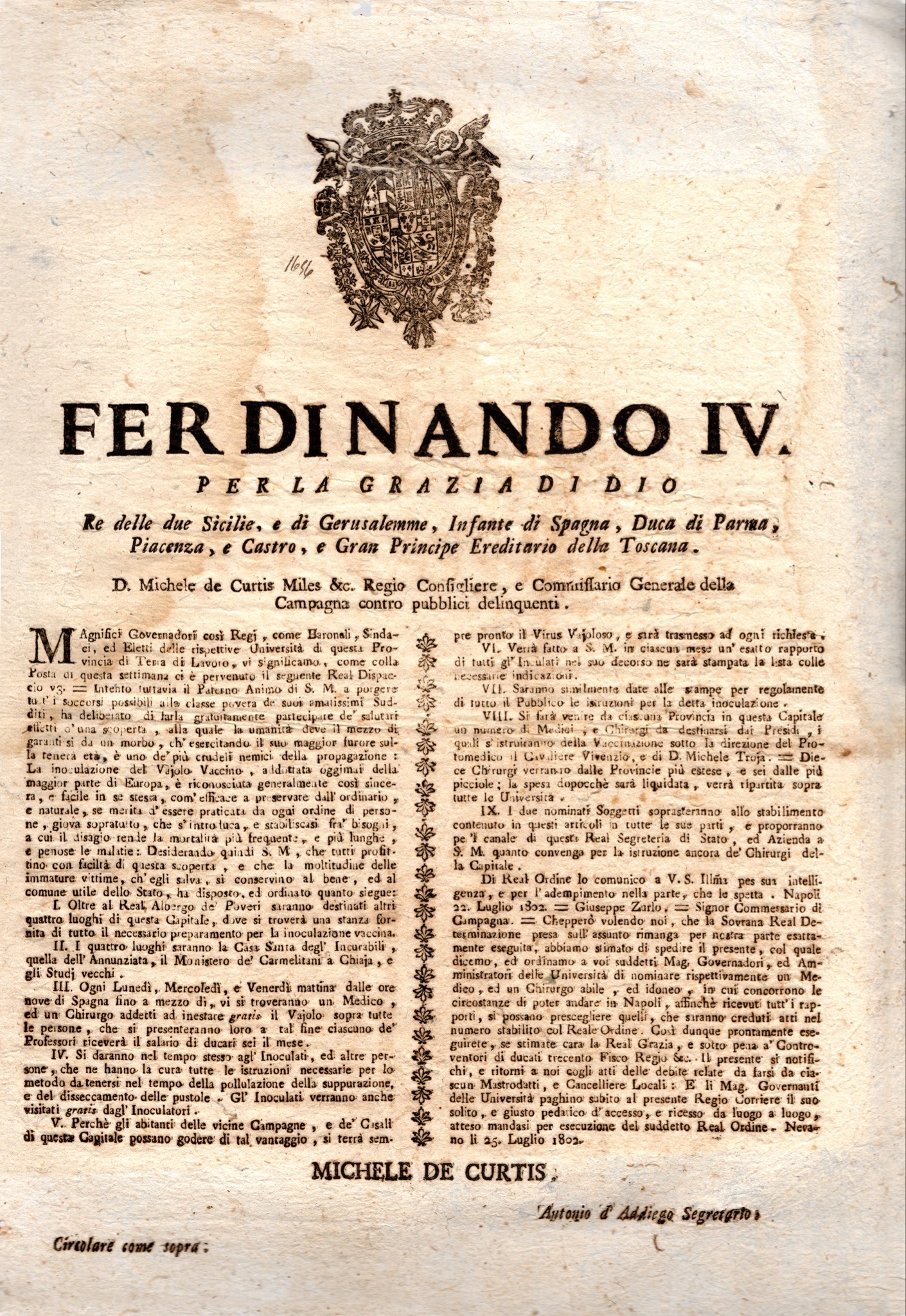 Dispaccio di Ferdinando IV di Borbone che regolamenta la pratica dell’inoculazione  del vaccino contro il vaiolo 