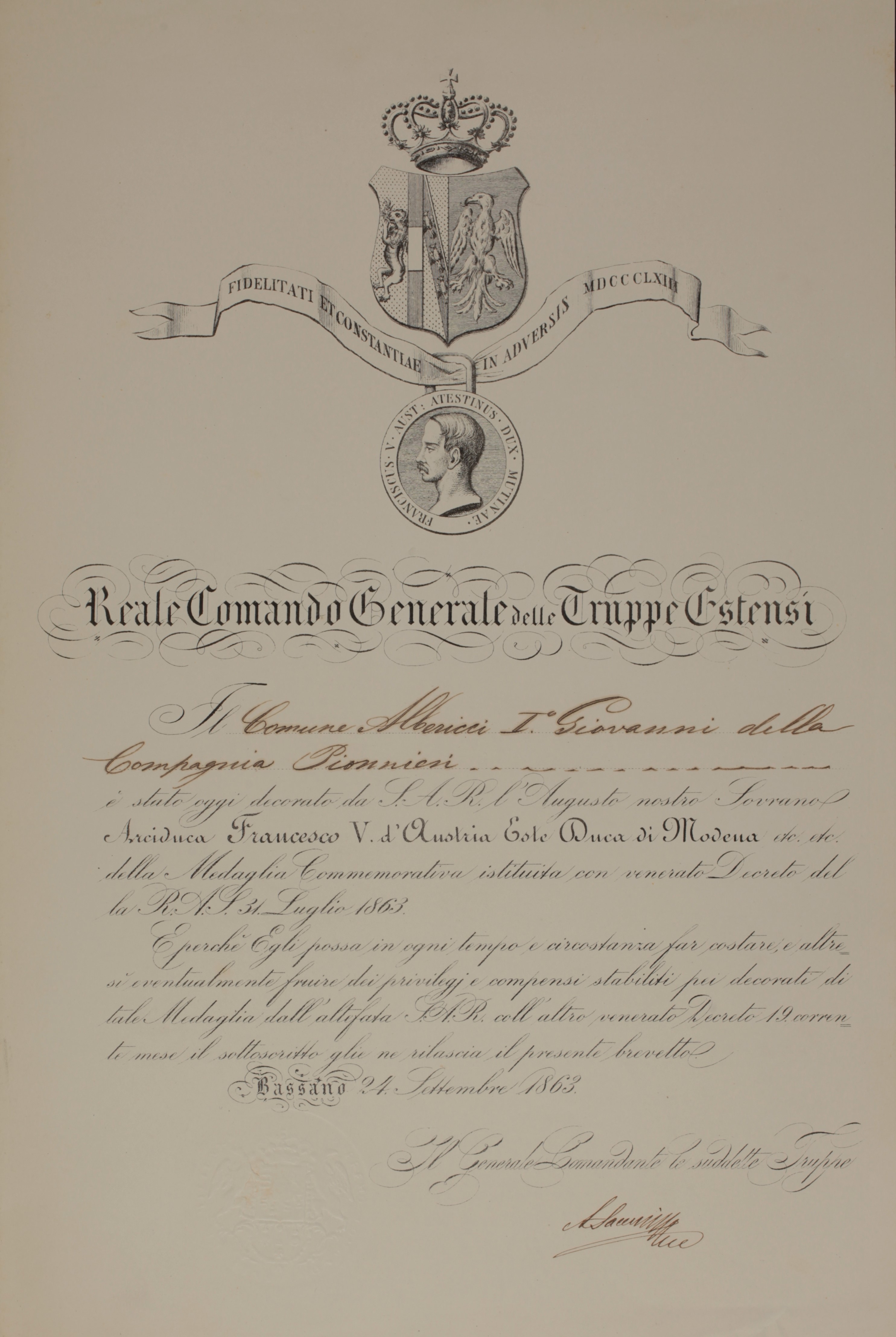 Diploma per la medaglia dell'emigrazione, conferita al comune Giovanni Albericci, della compagnia pionieri (ASMo, Archivio Brigata Estense, n. 47, fasc. A).*