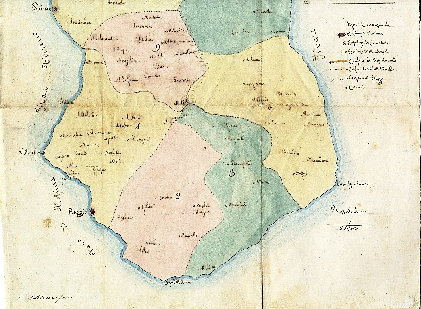 Pianta della Provincia di Reggio Calabria divisa in  9 raggi forestali ASRC, Prefettura Inv. 14 b. 46 fasc. 5