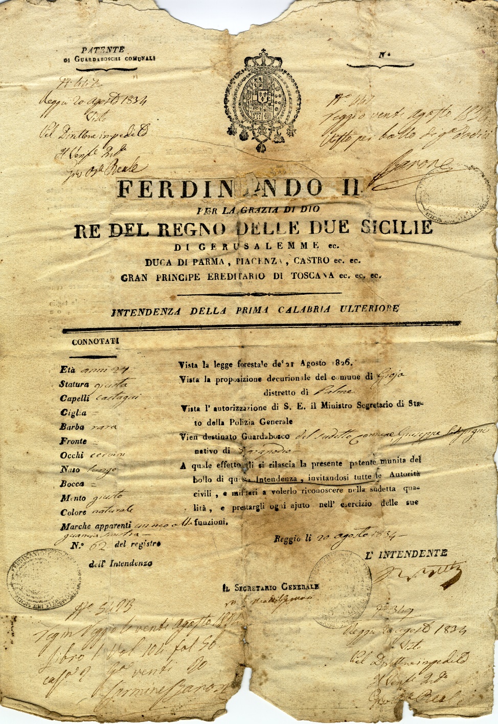 Patente guardaboschi ASRC, Prefettura, Inv. 8 b. 61 fasc. 1848