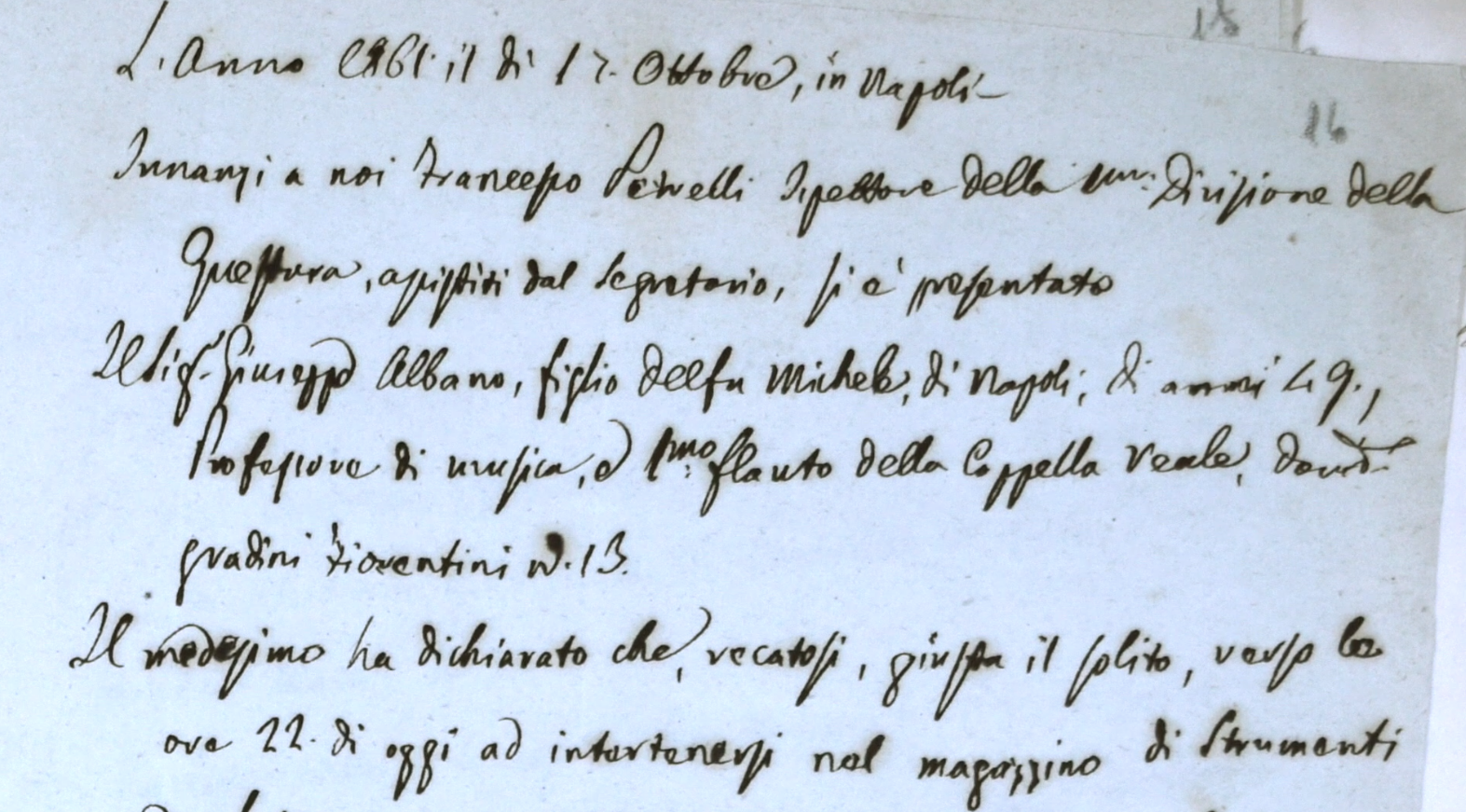 Verbale della deposizione rilasciata da Giuseppe Albano all’ispettore  Francesco Petrelli il 17 ottobre 1861