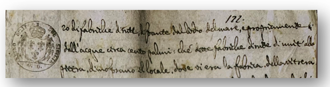 Palmi, 1 agosto 1832 ASRC, Tribunale Civile di Reggio Calabria, serie Perizie, inv. 65 b. 766 f. 122 (Particolare della perizia con indicazione della ‘’fabrica della vitrera’’)