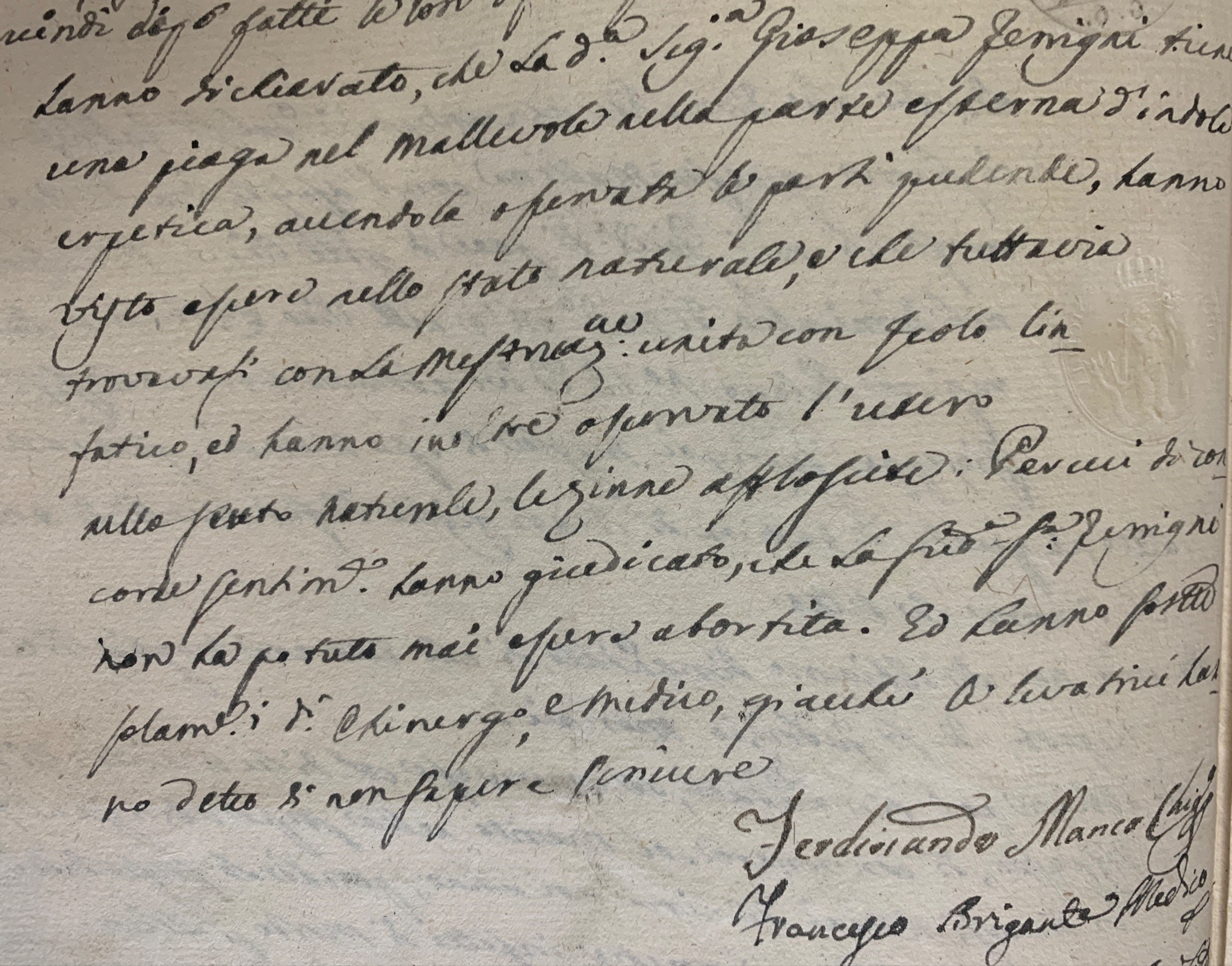Perizia medica su Maria Giuseppe Ferrigni. Napoli, 1810