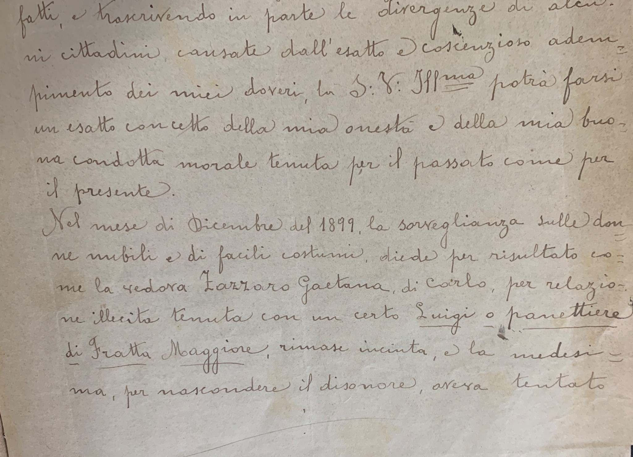 Relazione dell’agente di Pubblica Sicurezza Antonio Giulianelli sulla condotta della vedova Zazzaro. Napoli, 1901