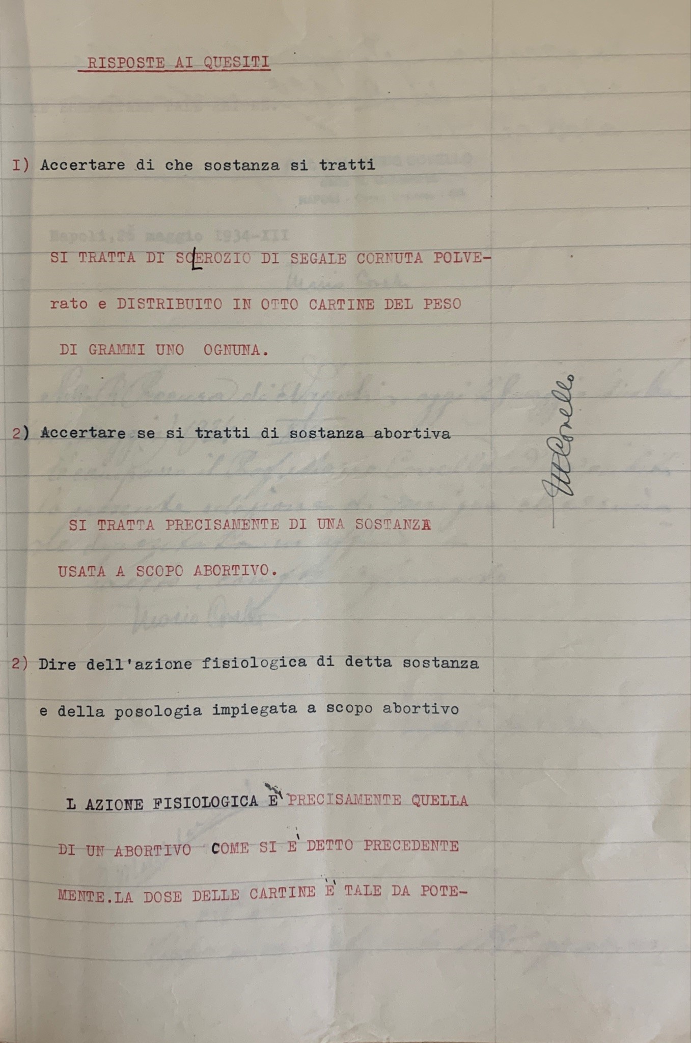 Relazione di perizia chimico-tossicologica nel processo contro Giovanna Campese. Napoli, 1934