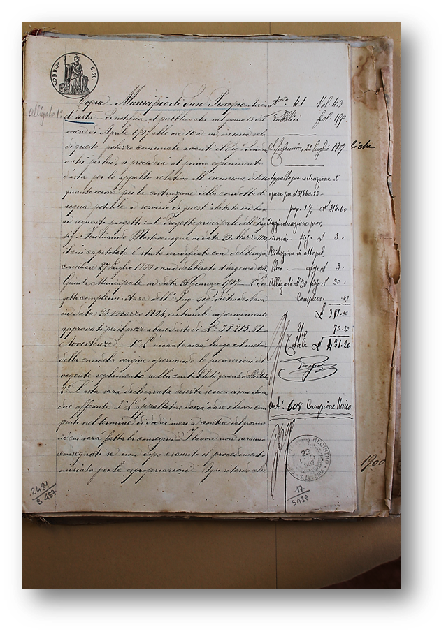 AS Sezione di Palmi, Ufficio del Registro, Busta 457, Fascicolo 2481 anno 1907 n.17 Comune di San Procopio, Progetto per la conduttura di acqua potabile Delibera Municipale San Procopio del 15 aprile 1907 Condotta d’acqua potabile Progetto principale: ing. Ferdinando Mastrocinque Progetto complementare: ing. Pietro De Nava