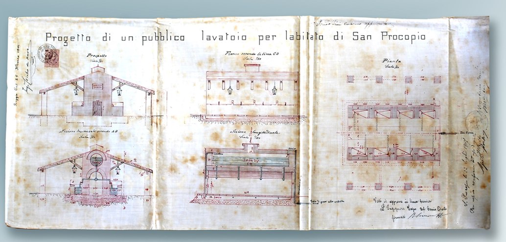 AS Sezione di Palmi, Ufficio del Registro, Busta 457, Fascicolo 2481 anno 1907 n.17 Comune di San Procopio, Progetto di un pubblico lavatoio per l’abitato di San Procopio Ingegnere De Nava Pietro 