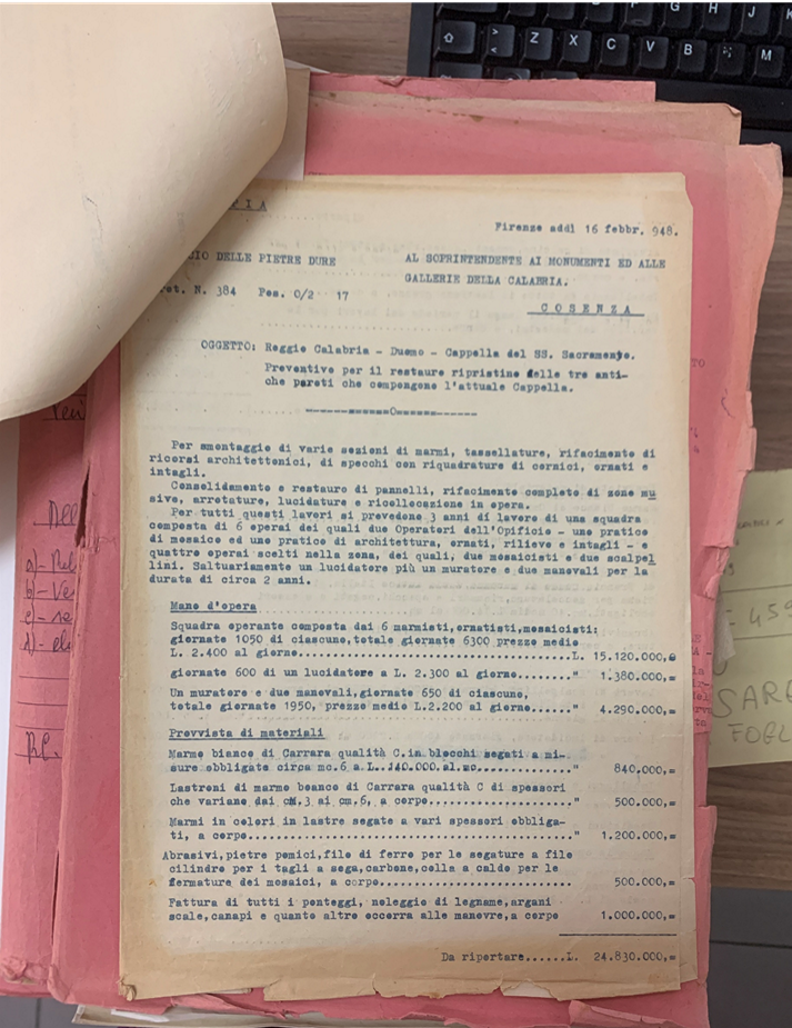 ASRC, Genio Civile, Chiese, b. 49 fasc. 5 La Cappella del SS. Sacramento nella Cattedrale di Reggio Calabria, 1960-1970 Firenze, 16 febbraio, 1948, Preventivo per il restauro ripristino delle tre antiche pareti che compongono l’attuale Cappella