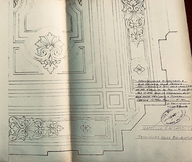 Cappella del Santissimo sacramento nel Duomo di Reggio Calabria  Progetto di restauro Particolari costruttivi 1:40 Soprintendenza Monumenti e alle Gallerie della Calabria Cosenza 13 maggio 1960 n. 441 