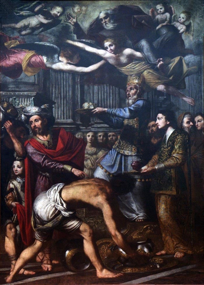 Domenico Marolì, 1665 𝑆𝑎𝑐𝑟𝑖𝑓𝑖𝑐𝑖𝑜 𝑑𝑖 𝑀𝑒𝑙𝑐ℎ𝑖𝑠𝑒𝑑𝑒𝑐ℎ olio su tela Reggio Calabria, Basilica Cattedrale di Maria Ss. Assunta, Cappella del SS. Sacramento