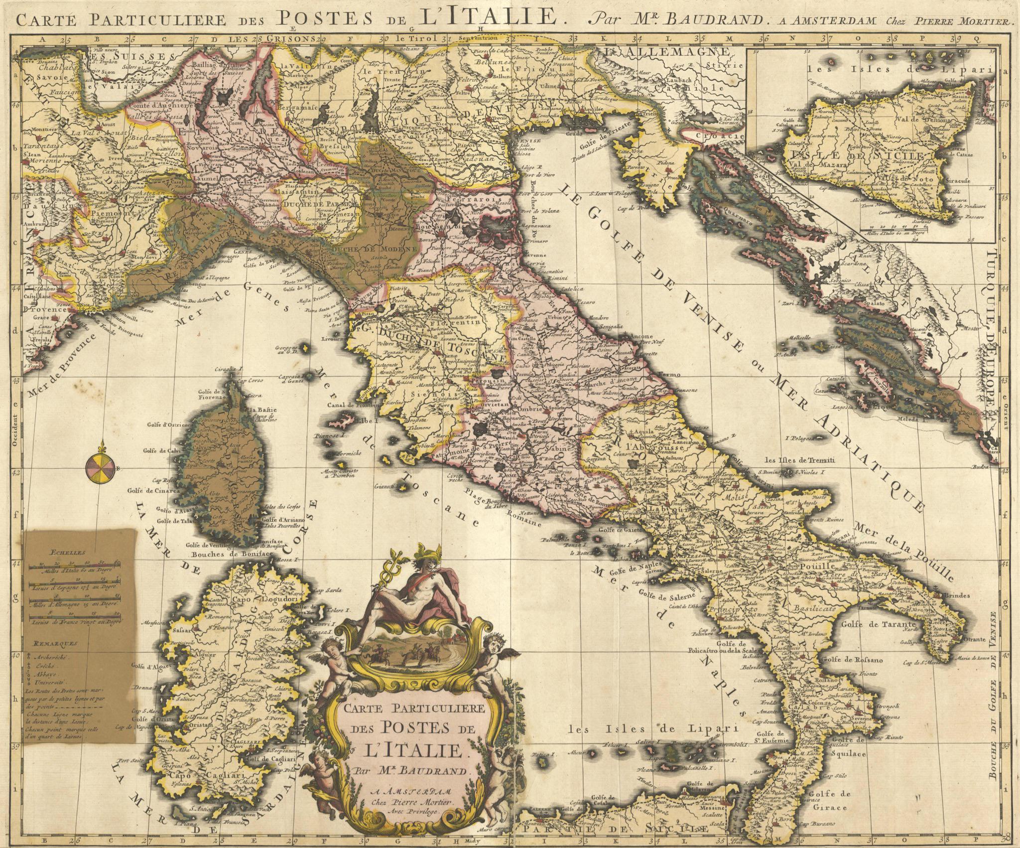 Carte particuliere des postes d'Italie, 1728