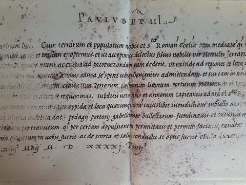 Privilegio di navigazione concesso da papa Paolo III alla nave (particolare)
