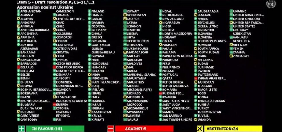 Il voto dell’Assemblea Generale delle Nazioni Unite che condanna l’invasione della Russia in Ucraina. Verde: Favorevoli Rosso: Contrari Giallo: Astenuti Dove non c’è colore, il Paese non era presente. (UNWebTV)