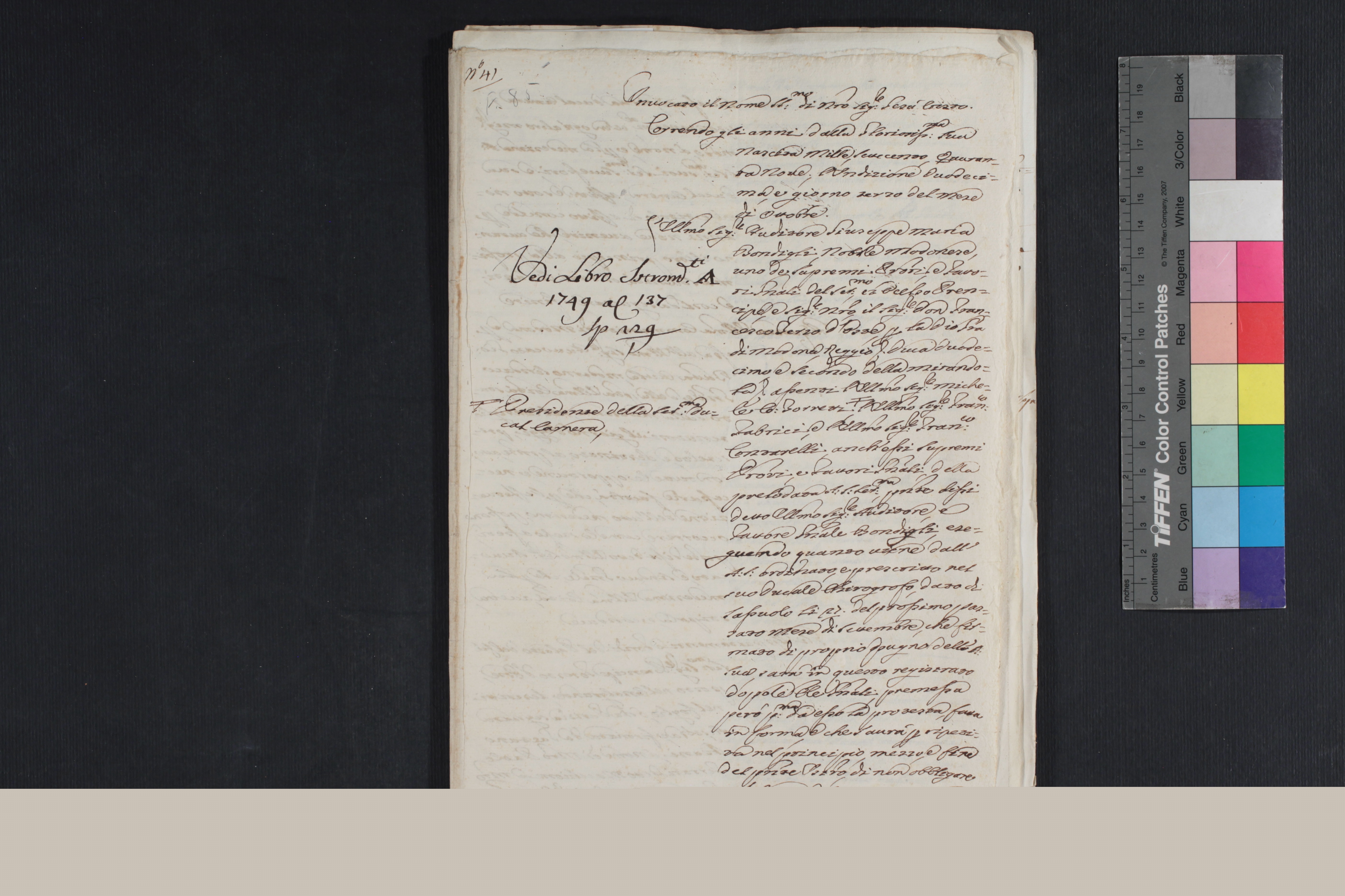 Tav. 11 - ASMo, Archivio estense, Camera, Rogiti camerali, notaio G. B. Ferrari, b. 91, fasc. 271, doc. n. 41 del 3 ottobre 1749  (contratto di affitto alla Comunità di Modena  del palazzo di Foresto, ceduto dal duca Francesco III per 9 anni).