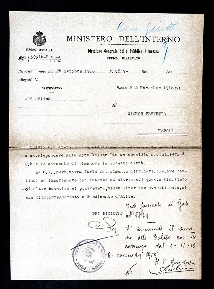 Lettera del Ministero dell’Interno al Prefetto di Napoli, Napoli, 1918