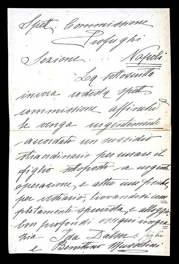 Lettera di Ida Dalser e Benitino Mussolini alla Commissione Profughi per richiesta sussidio straordinario, Napoli, s.d.