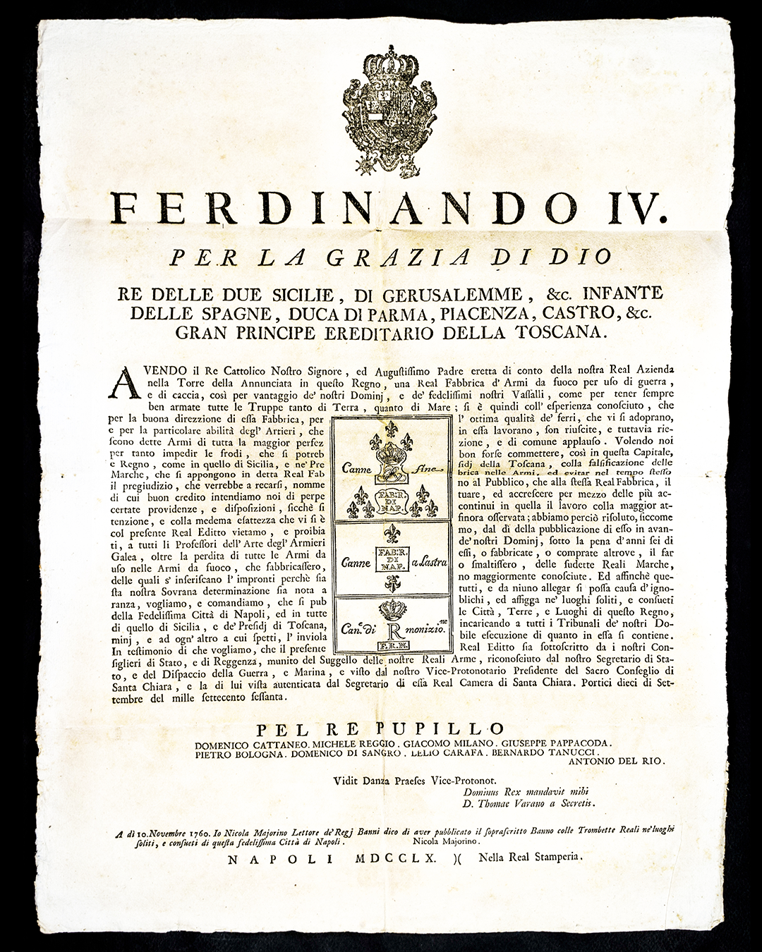 Decreto a stampa firmato in nome del Re Pupillo Ferdinando IV, 1760