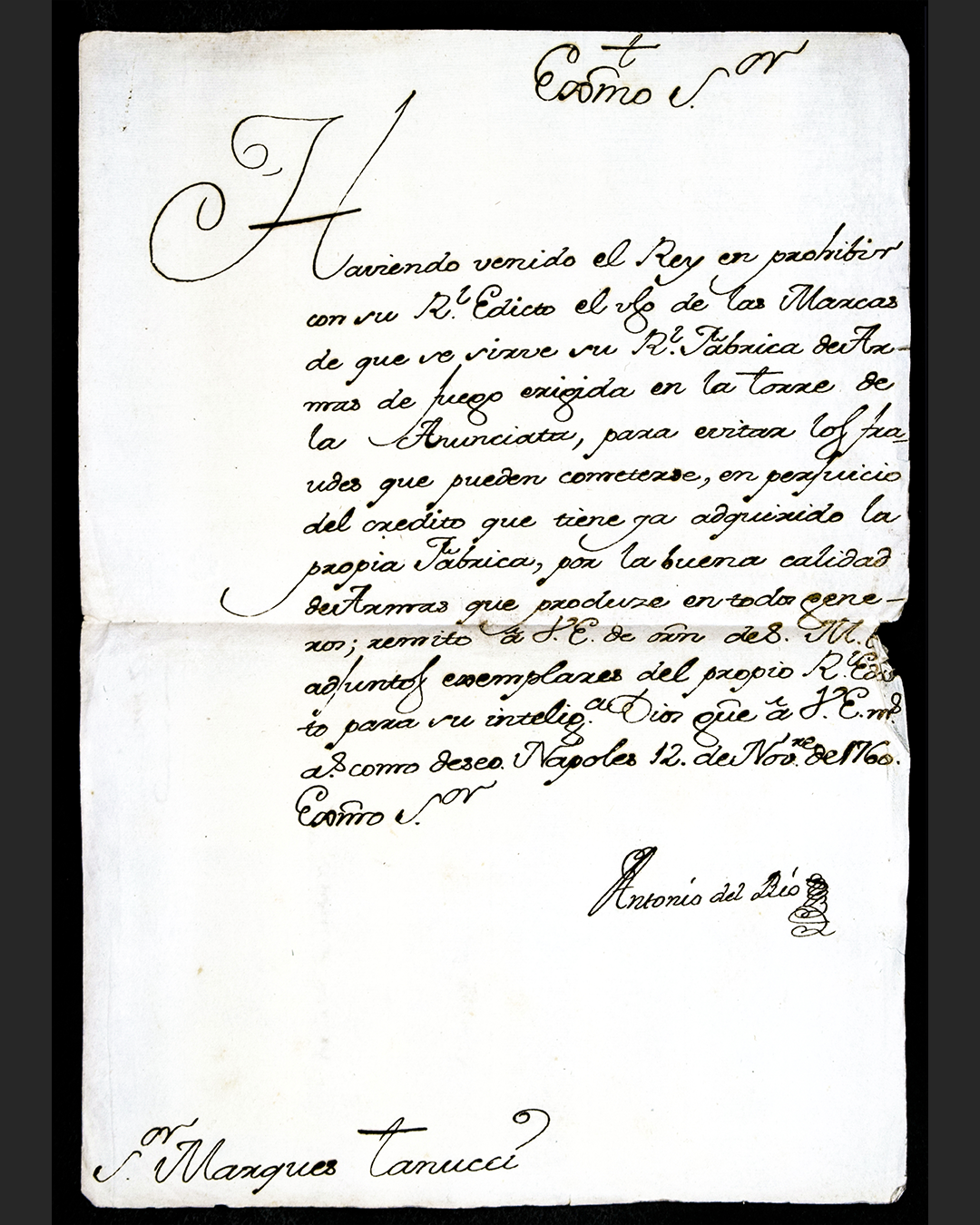 Dispaccio di trasmissione del Decreto manoscritto in spagnolo