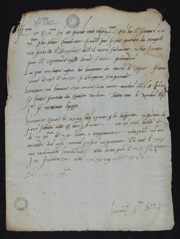 ASMo, ASE, Cancelleria, Carteggio ambasciatori – Firenze, b. 13, fasc. “Dispacci di Benedetto Fantini, Firenze, 1522 (ottobre)”