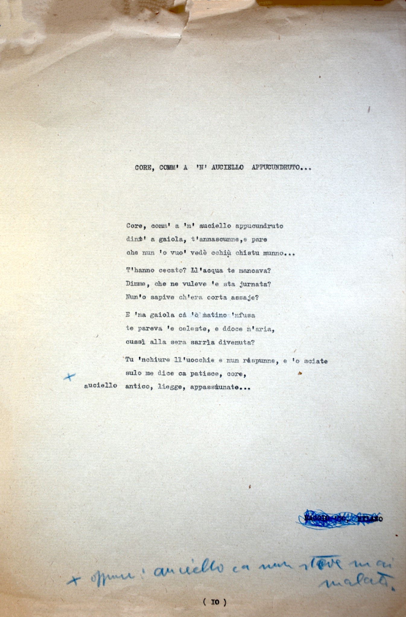 Riproduzione del dattiloscritto della poesia Core, comm' 'a 'n auciello appucundruto...,  Archivio di Stato di Napoli