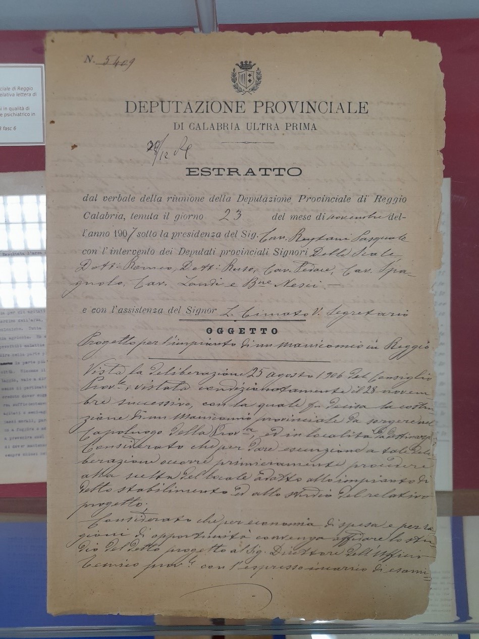 Estratto del verbale della riunione della Deputazione Provinciale di Reggio Calabria del 23 novembre 1907. ASRC, Amministrazione Provinciale, B. 798 fasc. 18