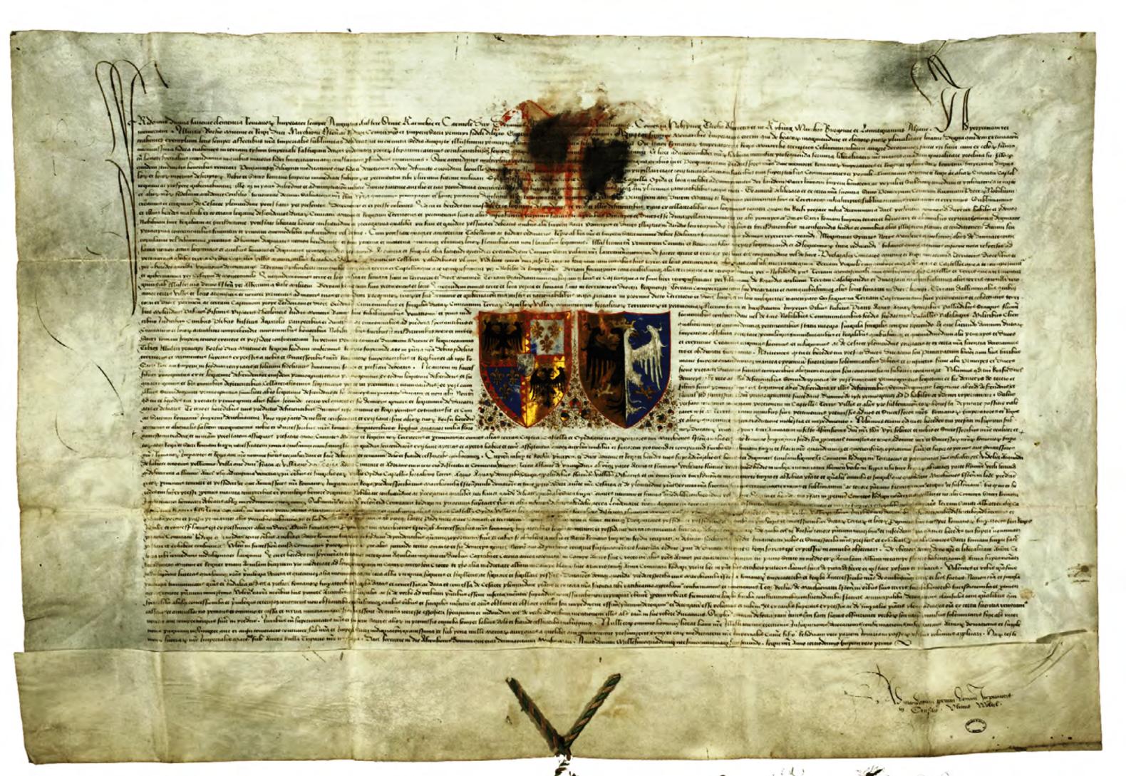 Tav. 1 – Investitura ducale del 18 maggio 1452: Federico III, presente a Ferrara, nomina Borso d’Este duca di Modena e Reggio e conte di Rovigo e Comacchio.  (ASMo, ASE, Casa e Stato, Documenti riguardanti la Casa e lo Stato – Membranacei, cass. 25, n. 31) 