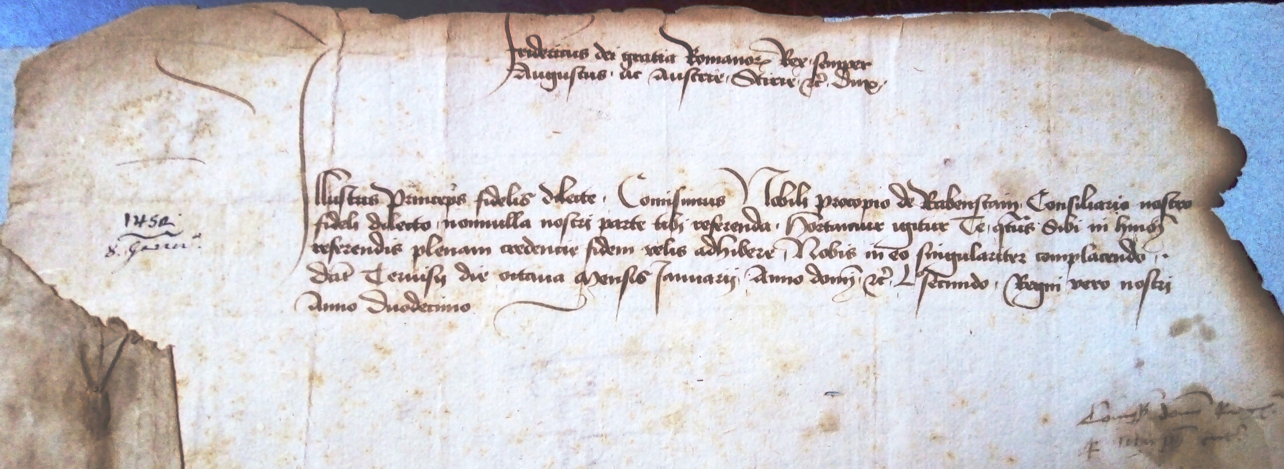 Tav. 3 – Treviso, 8 gennaio 1452: re Federico annuncia a Borso d’Este l’arrivo a Ferrara del cancelliere Procopio di Rabenstein.  (ASMo, Archivio Segreto Estense, Cancelleria, Carteggio con principi esteri, Germania, b. 1, fasc. 1575/1)