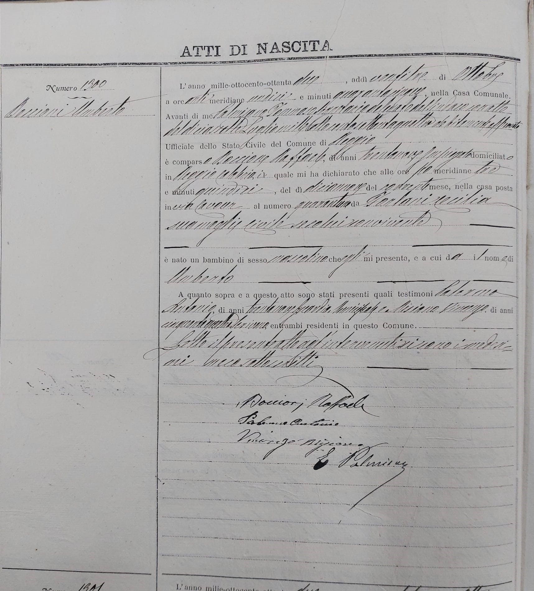 Archivio di Stato di Reggio Calabria, Stato Civile, Nati di Reggio Calabria, Anno 1882, vol. 2159, atto n° 1300